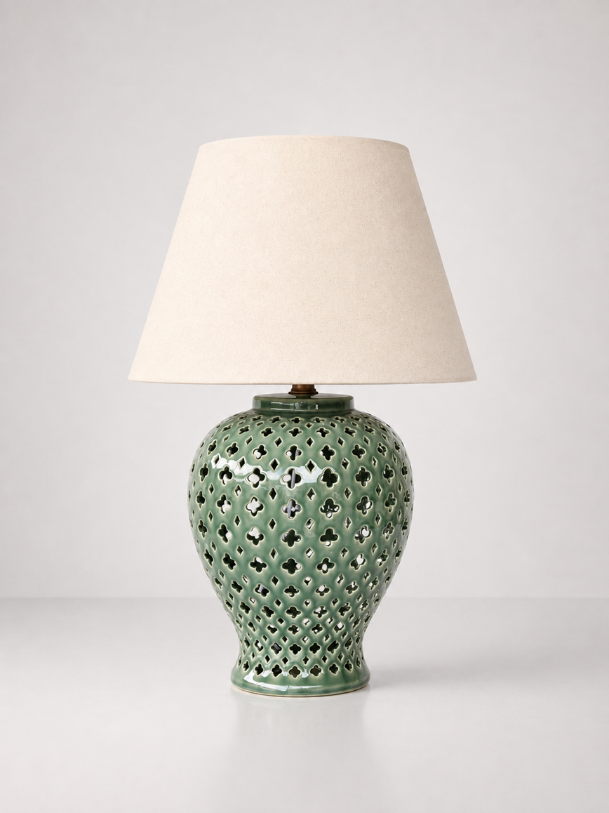 Green Cut-Out Ceramic Lamp Base With Beige Shade